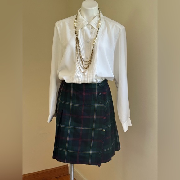 Talbots Green Multi Color Wrap Plaid Skirt Button Closure & Fringe Side Sz 10P. - Picture 2 of 11